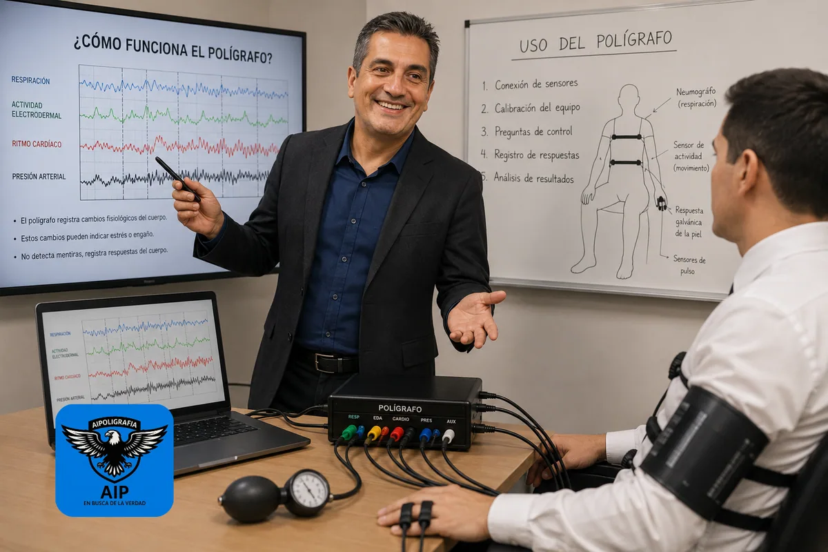 Sesión del Curso Básico de Poligrafía AIPOLIGRAFIA con instructor explicando el uso del polígrafo